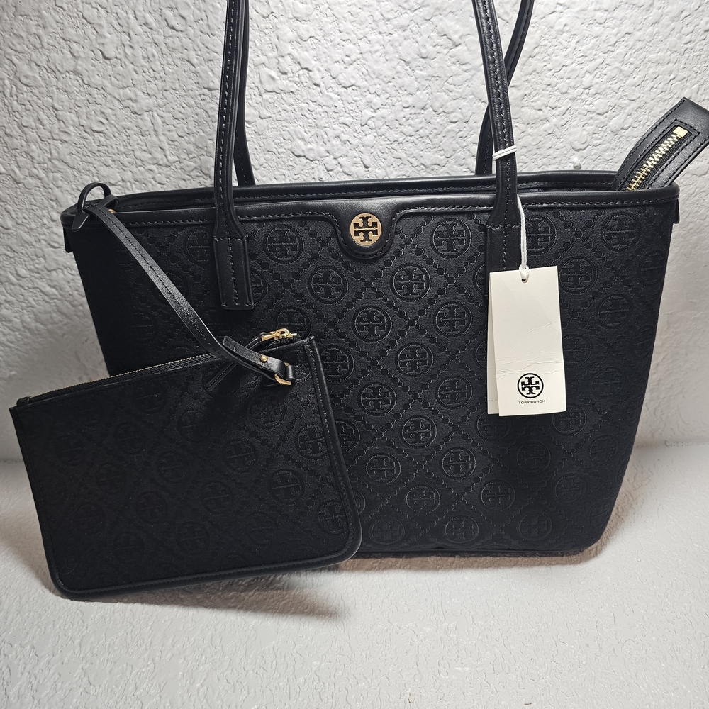 Tory Burch Black Embossed Logo Tote with Matching Wristlet